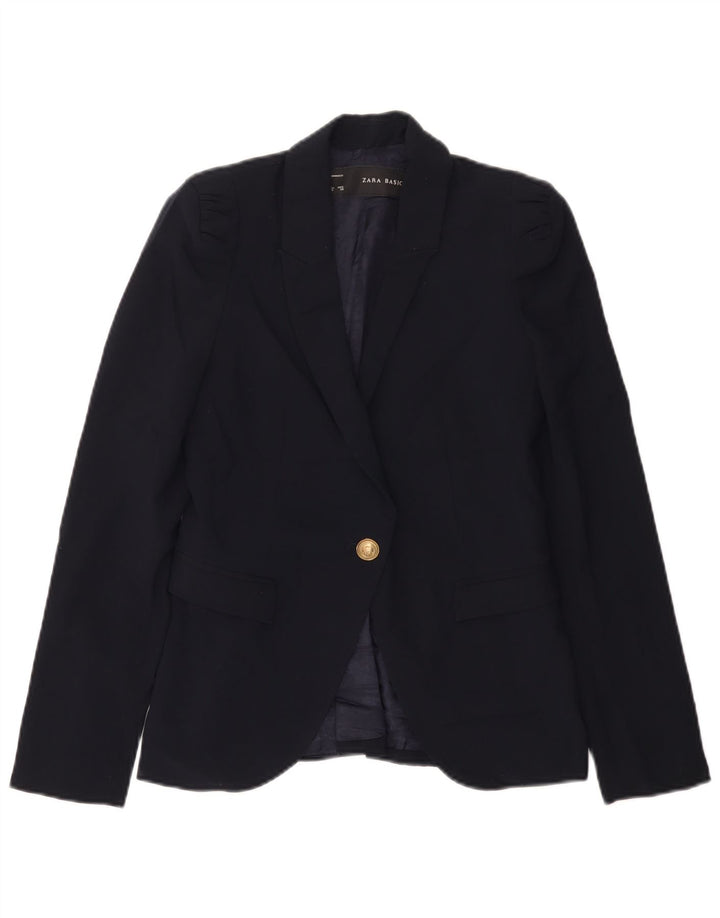 Jaqueta blazer feminina Zara com 1 botão UK 6 XS azul marinho poliéster