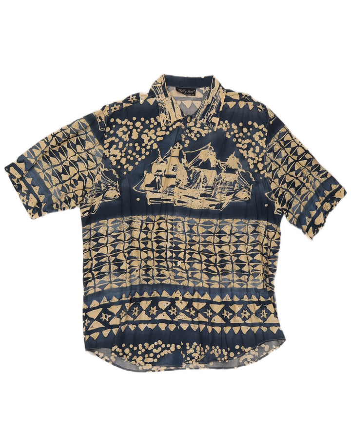 Camisa masculina Webb&Scott com estampa abstrata de manga curta grande viscose azul marinho