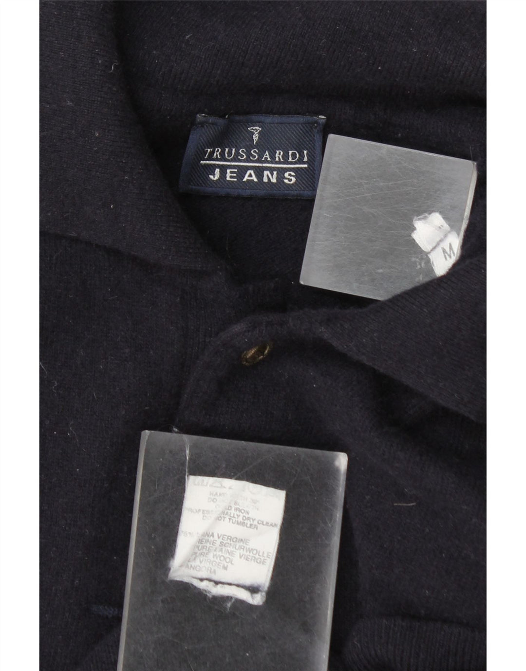 Trussardi Jeans Suéter masculino com gola polo e lã azul marinho médio