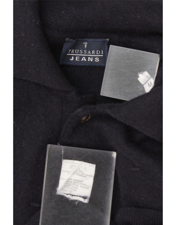 Trussardi Jeans Suéter masculino com gola polo e lã azul marinho médio