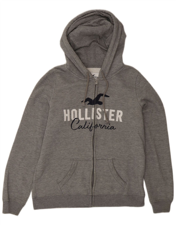 Suéter masculino Hollister com capuz e zíper gráfico cinza médio algodão
