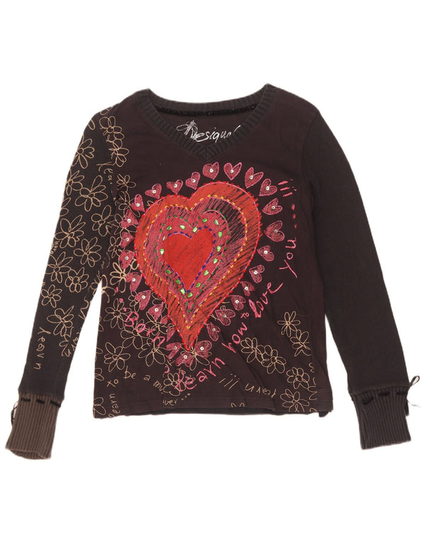 Top gráfico feminino Desigual manga comprida UK 18 XL preto floral algodão coração