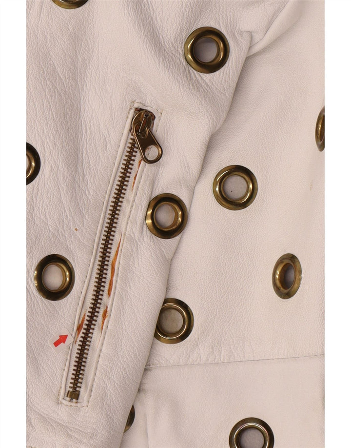 Jaqueta de couro vintage feminina UK 10 couro branco pequeno
