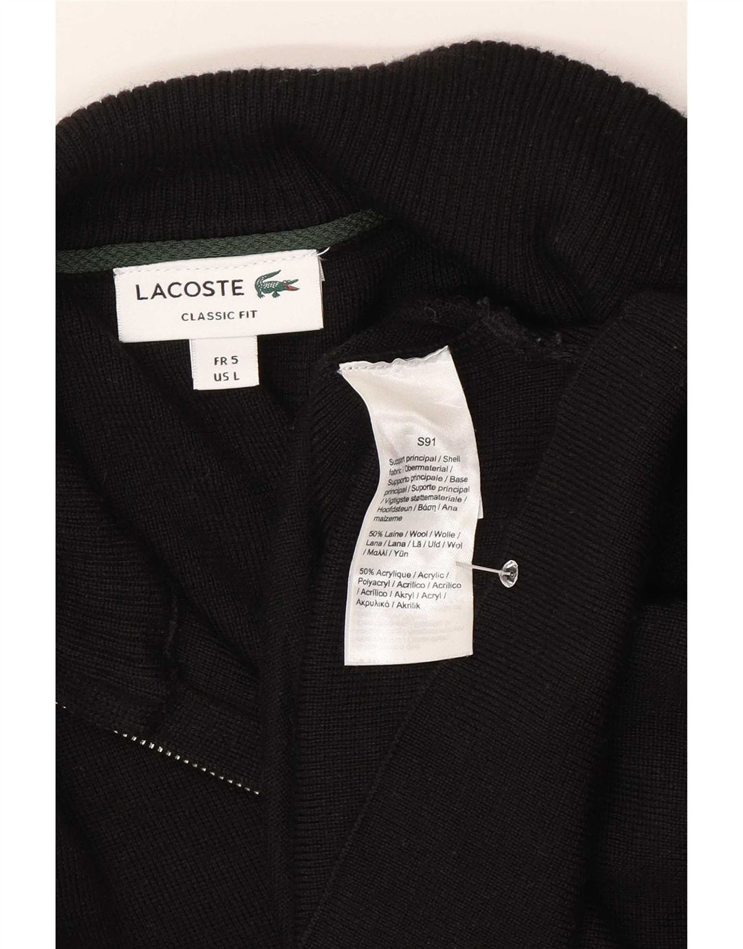 Suéter cardigã masculino Lacoste Classic Fit tamanho 5 grande lã preta