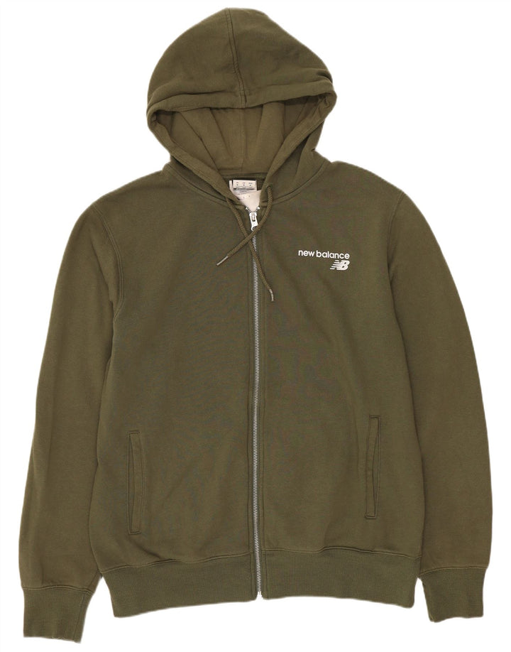 Suéter masculino New Balance com capuz e zíper médio cáqui algodão