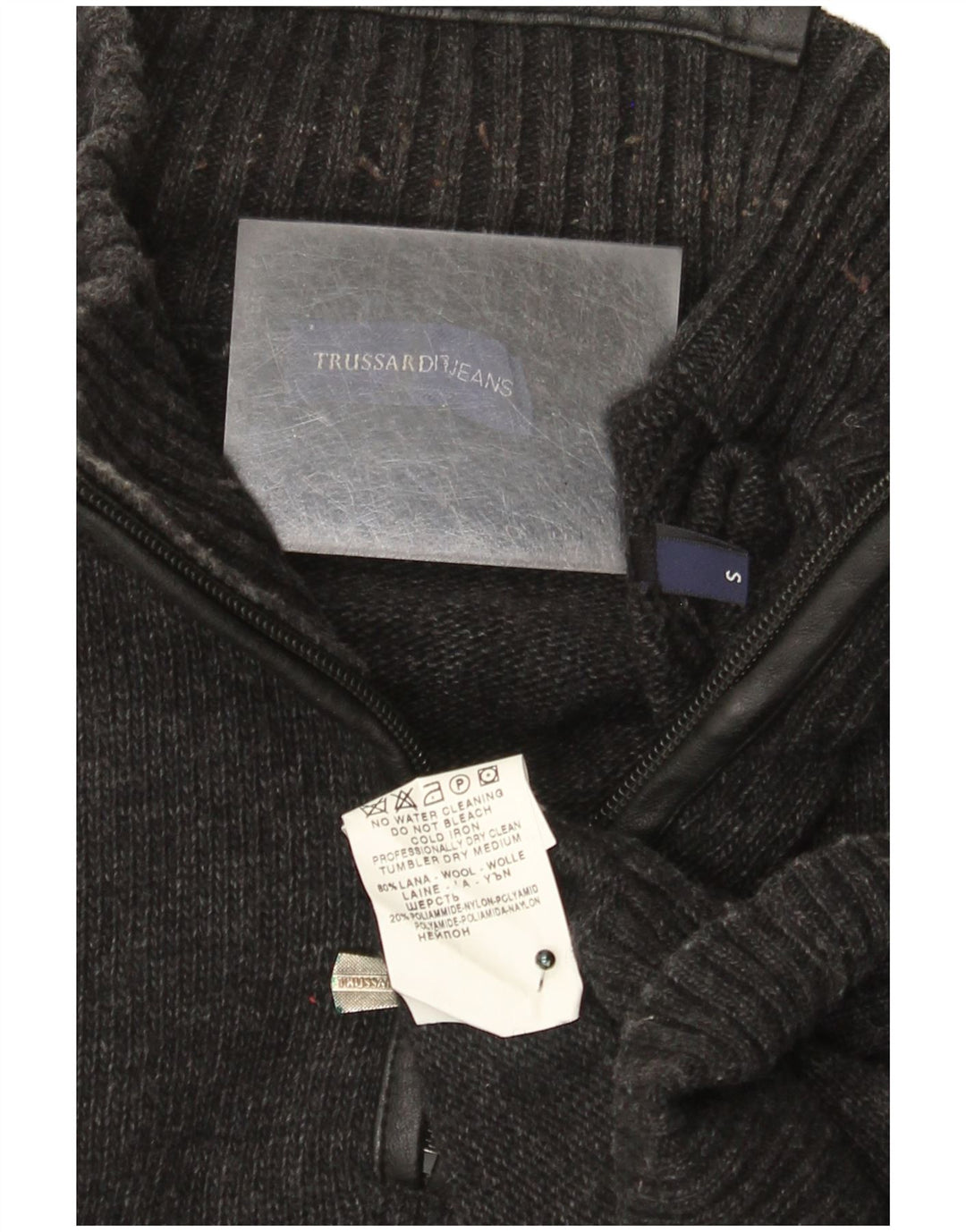 Suéter masculino Trussardi Jeans com zíper e gola pequena de lã cinza