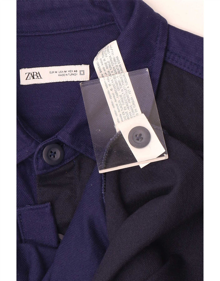 Zara Camisa masculina overshirt médio azul marinho algodão colorblock
