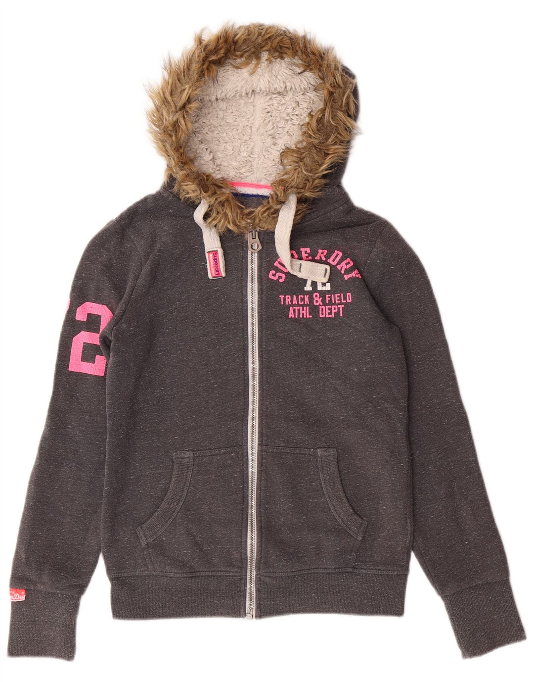 Suéter feminino Superdry com capuz e zíper gráfico UK 8 pequeno algodão cinza