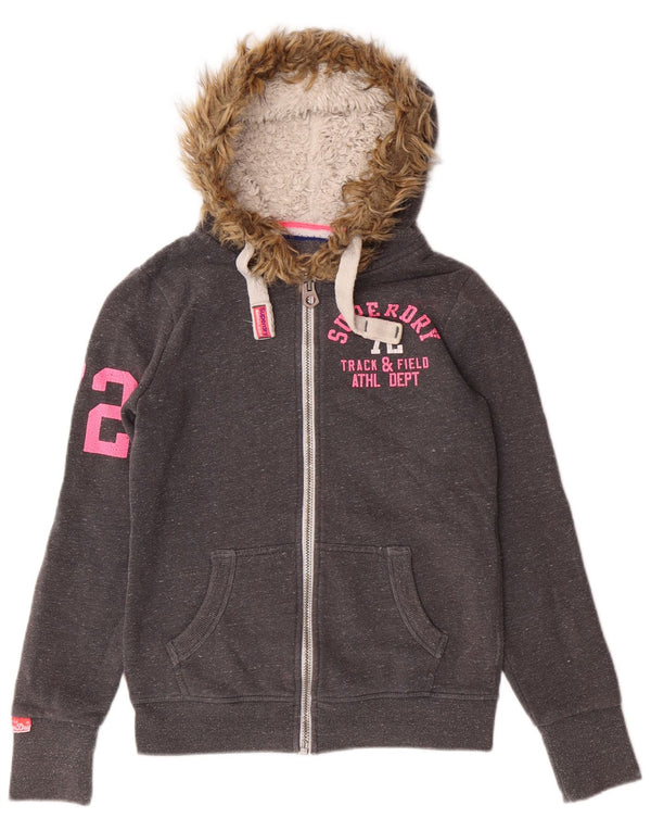 Suéter feminino Superdry com capuz e zíper gráfico UK 8 pequeno algodão cinza