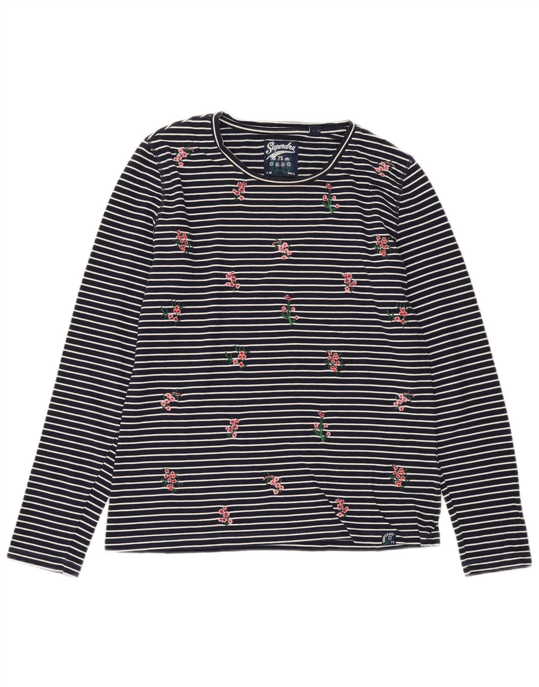 Top feminino SUPERDRY manga comprida UK 10 pequeno algodão listrado azul marinho