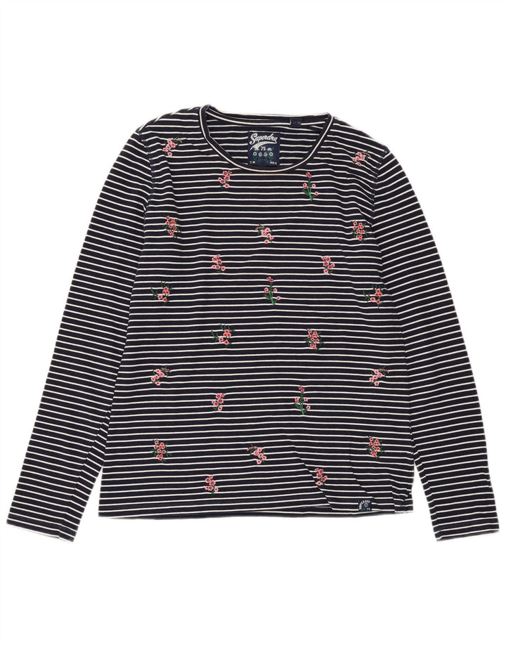 Top feminino SUPERDRY manga comprida UK 10 pequeno algodão listrado azul marinho