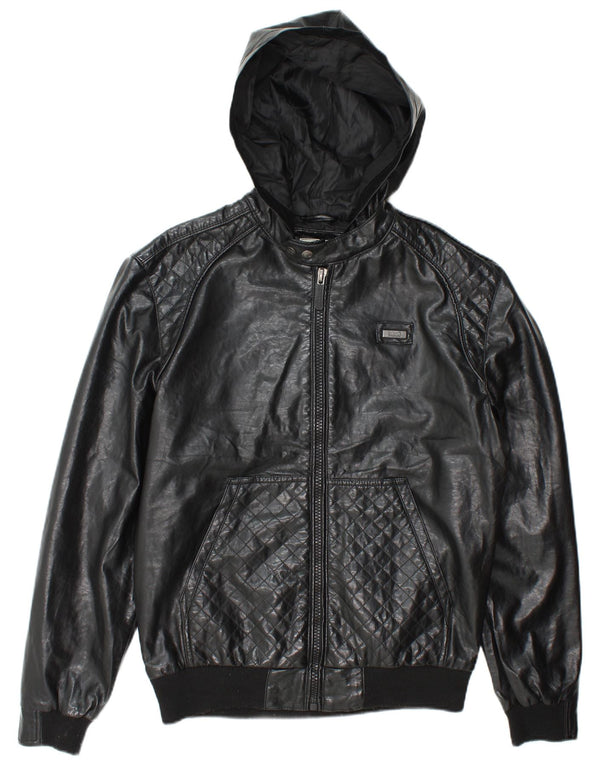 Jaqueta bomber masculina de couro sintético com capuz Ecko Unltd Reino Unido 38 médio preto