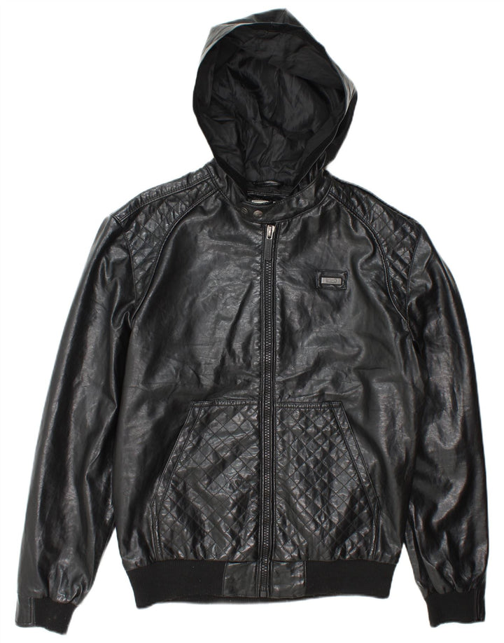 Jaqueta bomber masculina de couro sintético com capuz Ecko Unltd Reino Unido 38 médio preto