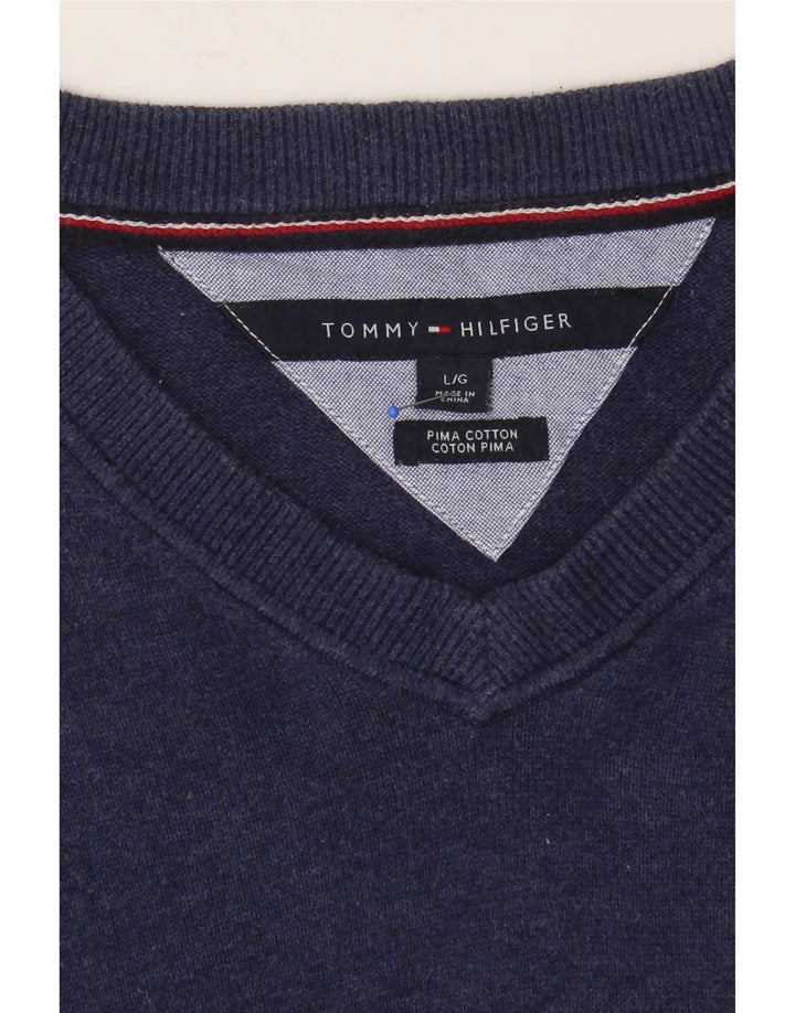 TOMMY HILFIGER Mens V-Neck Jumper Sweater Large Navy Blue Cotton Vintage Tommy Hilfiger and Second-Hand Tommy Hilfiger from Messina Hembry 