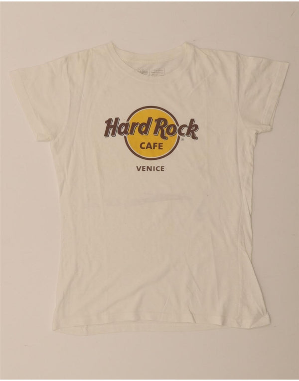 Camiseta feminina Hard Rock Cafe Venice Graphic Top Reino Unido 12 algodão branco médio