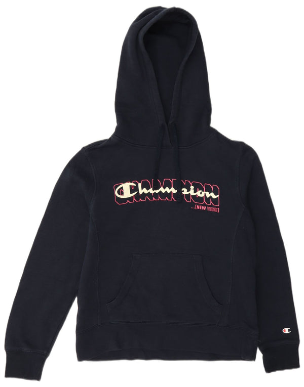 Jumper feminino com capuz gráfico Champion UK 10 pequeno azul marinho