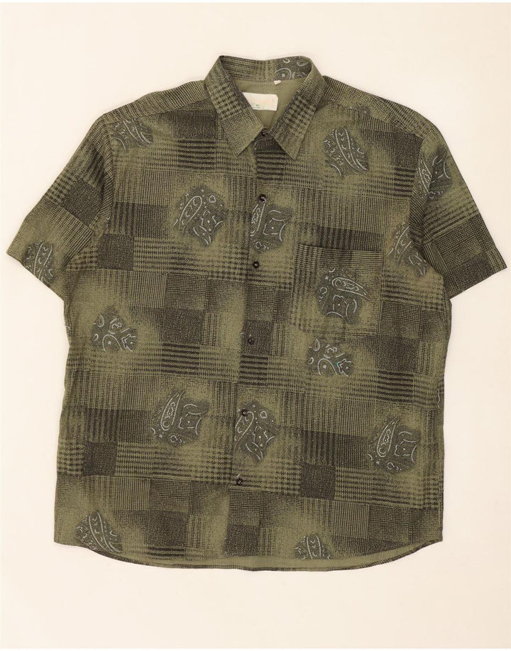 Vintage masculino abstrato Padrão camisa de manga curta XL cáqui viscose