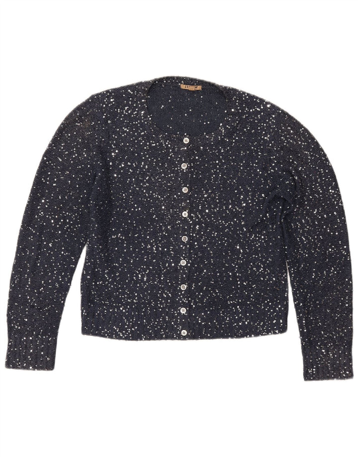 Suéter cardigã feminino JIGSAW Reino Unido 12 poliéster azul marinho médio