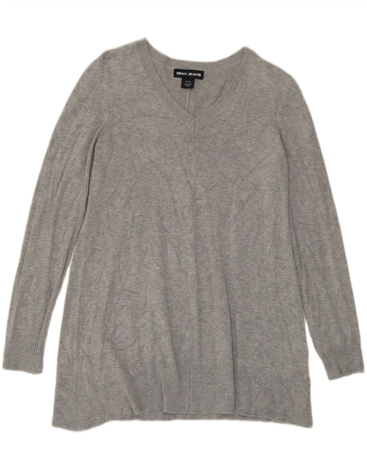 Suéter feminino Dkny com decote em V Reino Unido 10 viscose cinza pequena