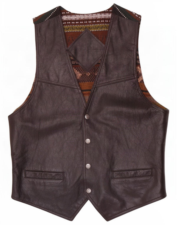 Colete de couro masculino vintage médio marrom geométrico
