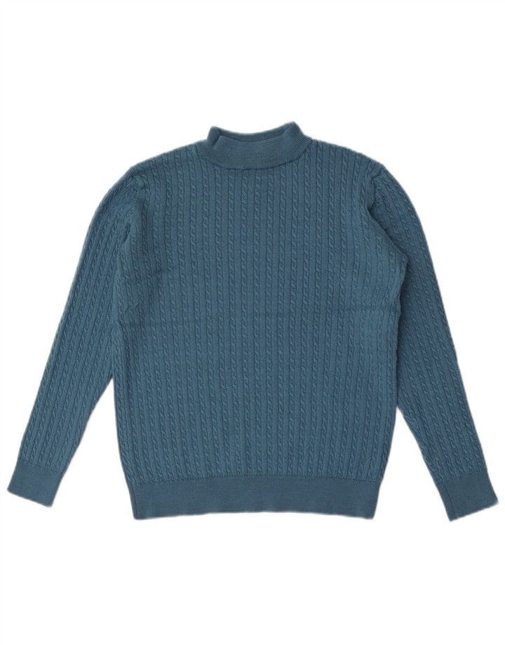 Suéter feminino Castle com gola tartaruga e gola alta Reino Unido 12 lã merino azul médio