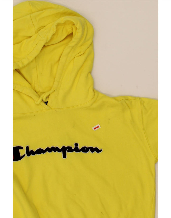 CHAMPION Womens Oversized Crop Graphic Hoodie Jumper UK 6 XS Yellow Vintage Champion and Second-Hand Champion from Messina Hembry 