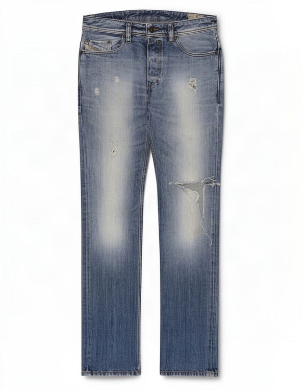 Diesel Masculino Safado Distressed Straight Jeans W30 L32 Azul Algodão