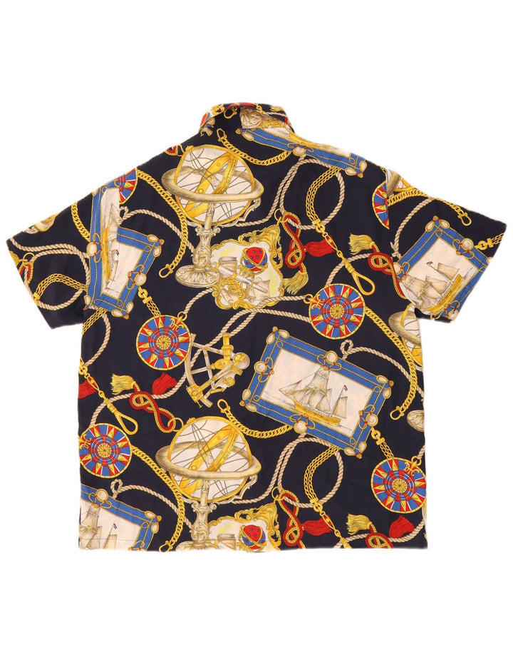 Camisa masculina vintage de manga curta com padrão abstrato azul marinho médio