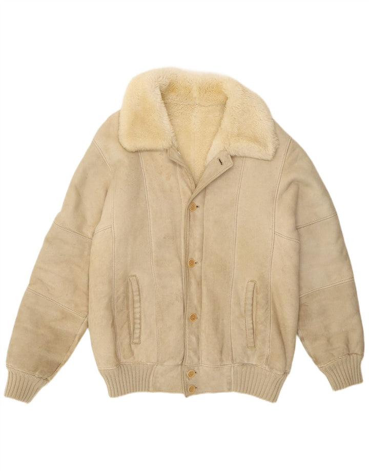 Jaqueta masculina vintage Shearling UK 36 pequena couro branco