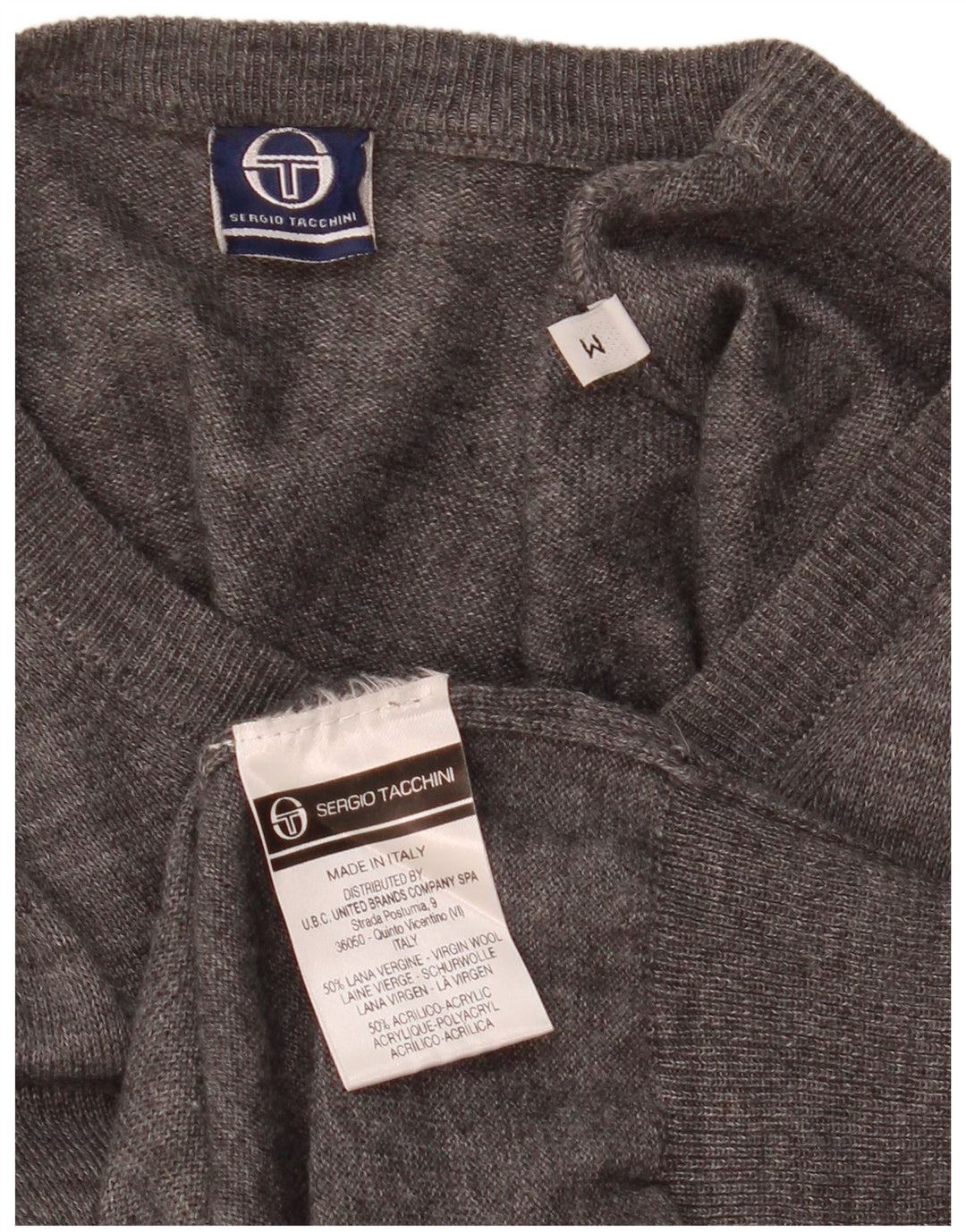 Regata feminina Sergio Tacchini com colete UK 14 lã manchada cinza médio