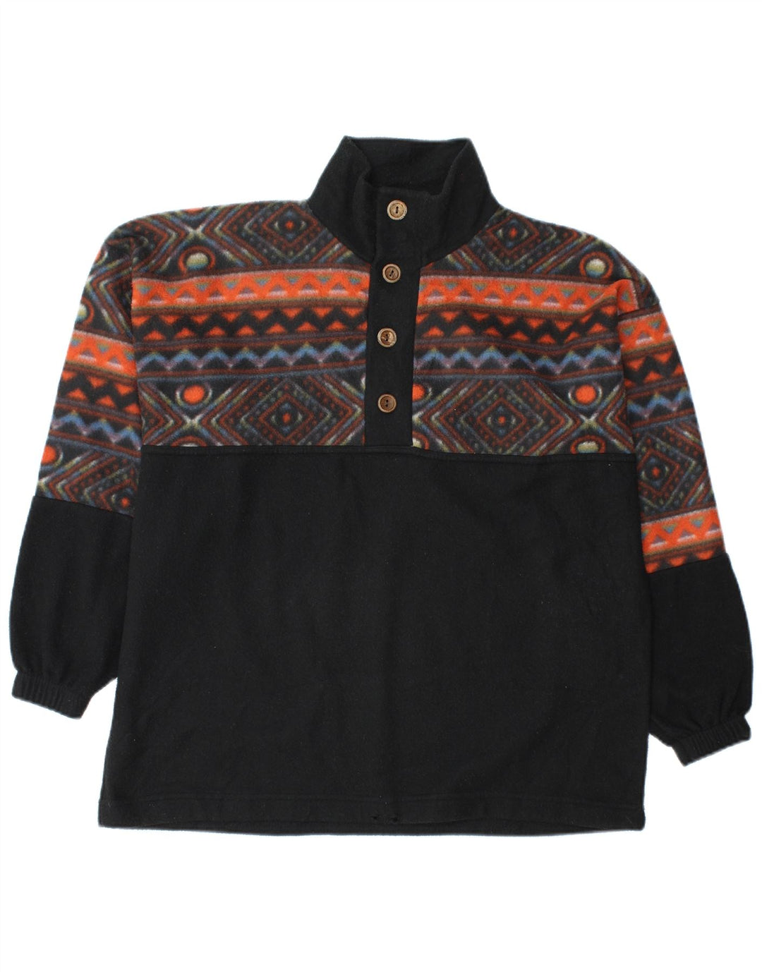 Jumper de lã masculino vintage com pescoço de botão grande preto geométrico