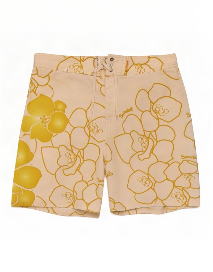Sundek Mens Graphic Natação Shorts Médio Poliéster Floral Branco