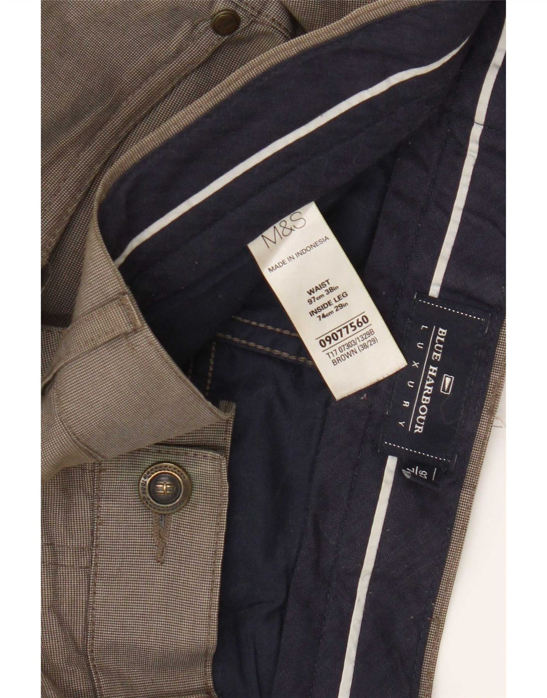 Calças masculinas Marks & Spencer Blue Harbor Chino W38 L29 xadrez marrom