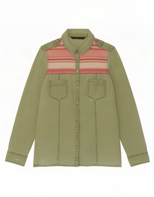 Camisa militar feminina Zara Reino Unido 12 algodão listrado verde médio