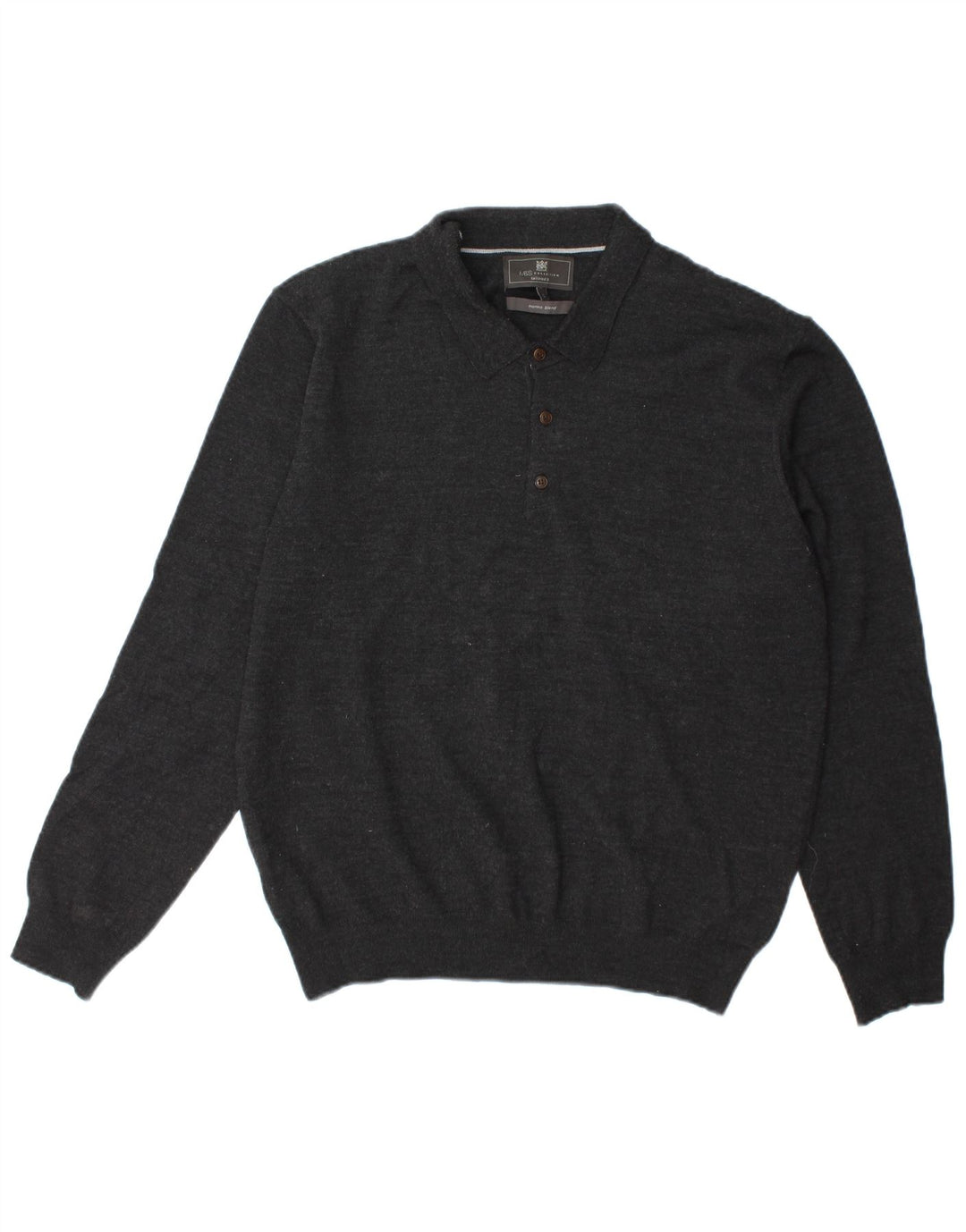 Suéter masculino Marks & Spencer com gola polo sob medida, lã cinza grande