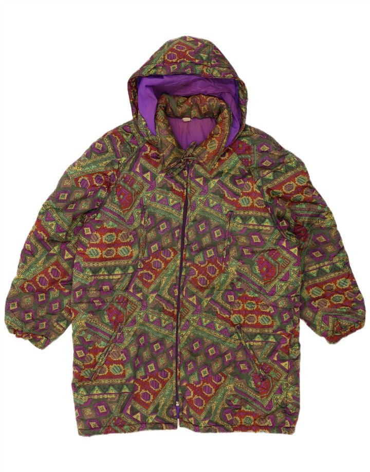 Jaqueta acolchoada com capuz feminina VINTAGE UK 18 XL multicolorida geométrica