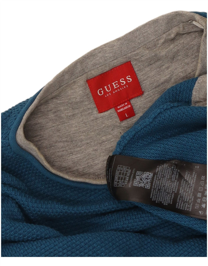 Guess Camiseta masculina manga comprida grande azul colorblock algodão