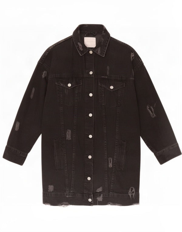 Casaco jeans feminino Zara Trafaluc desgastado Reino Unido 10 pequeno algodão preto