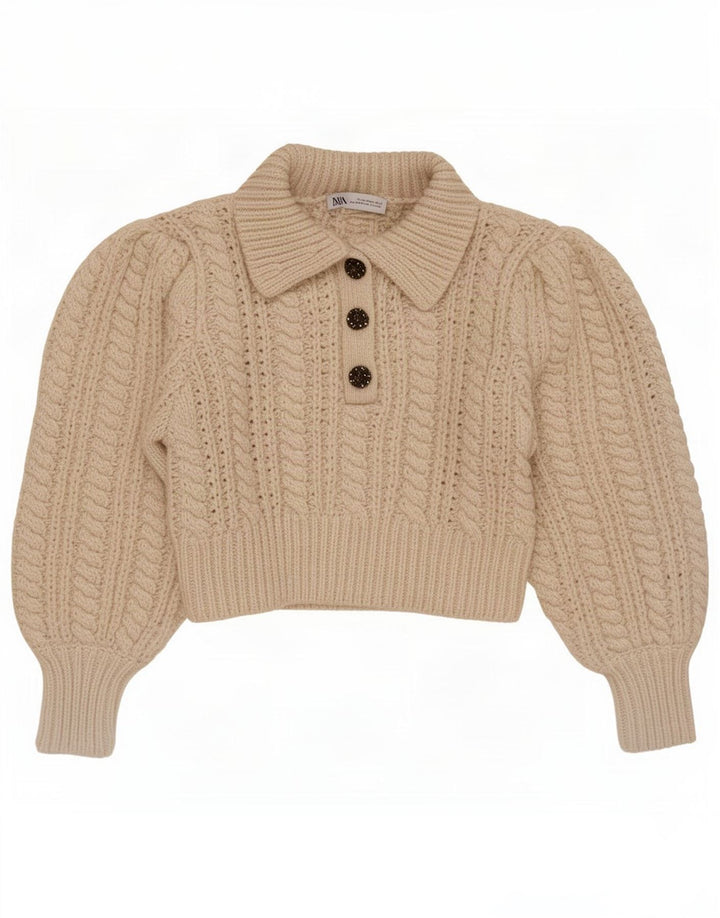 Zara Suéter feminino cropped com gola polo Reino Unido 14 poliéster bege médio