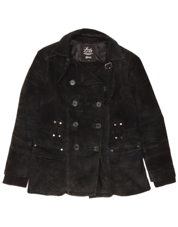 Casaco feminino vintage de camurça ervilha Reino Unido 18 XL couro preto
