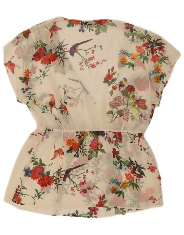 Blusa feminina Zara Trafaluc transparente Reino Unido 10 pequena floral branca