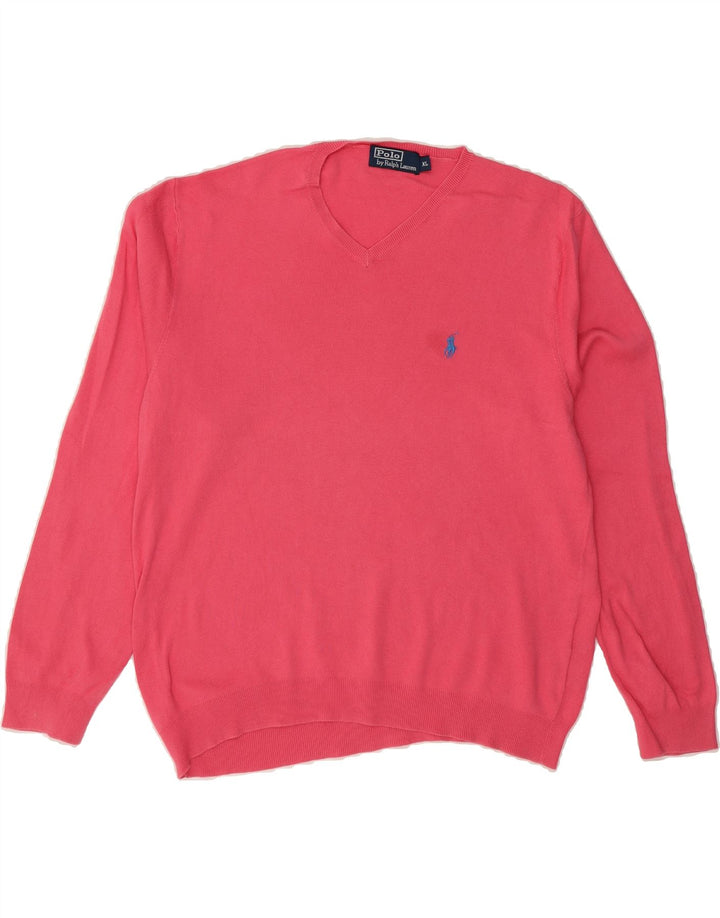 POLO RALPH LAUREN Mens V-Neck Jumper Sweater XL Pink Cotton Vintage Polo Ralph Lauren and Second-Hand Polo Ralph Lauren from Messina Hembry 