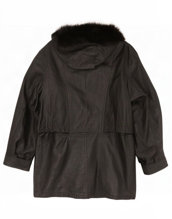 Casaco feminino vintage de couro grande com capuz IT 42 médio preto