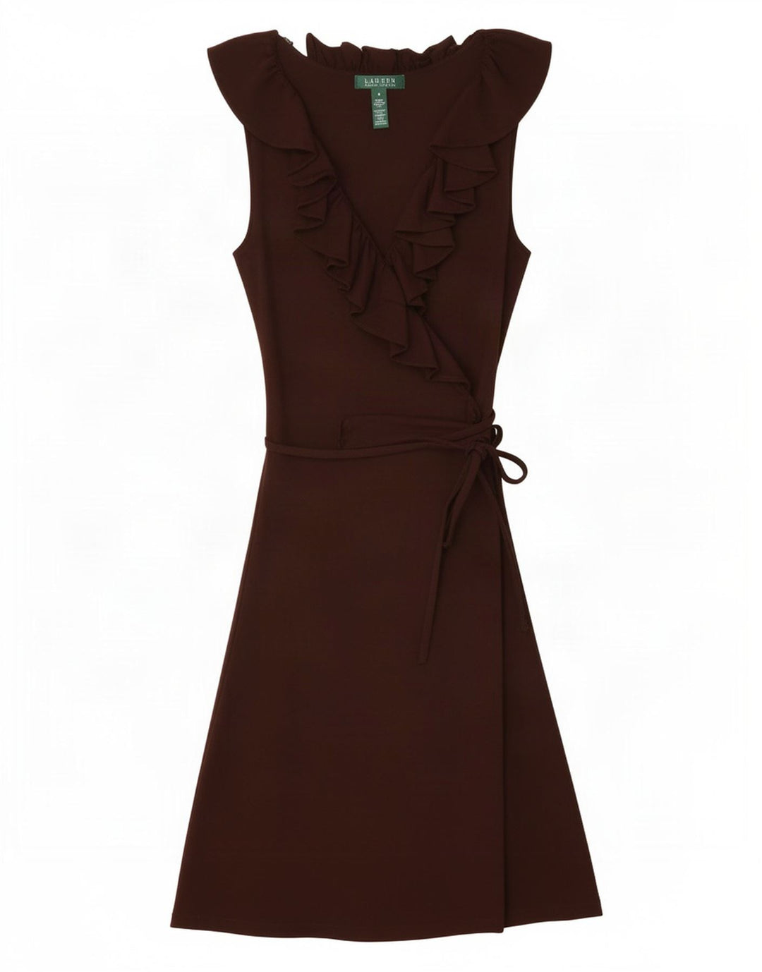 Vestido básico feminino Ralph Lauren sem mangas com babados na frente Reino Unido 12 médio marrom
