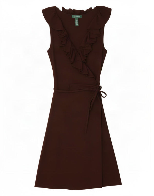 Vestido básico feminino Ralph Lauren sem mangas com babados na frente Reino Unido 12 médio marrom