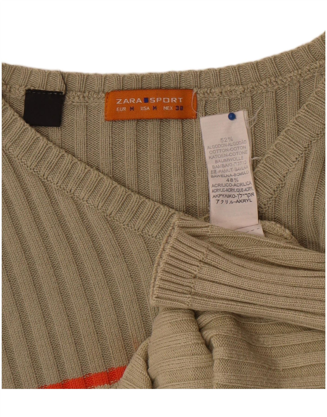 Suéter masculino Zara com decote em V e algodão colorblock bege médio