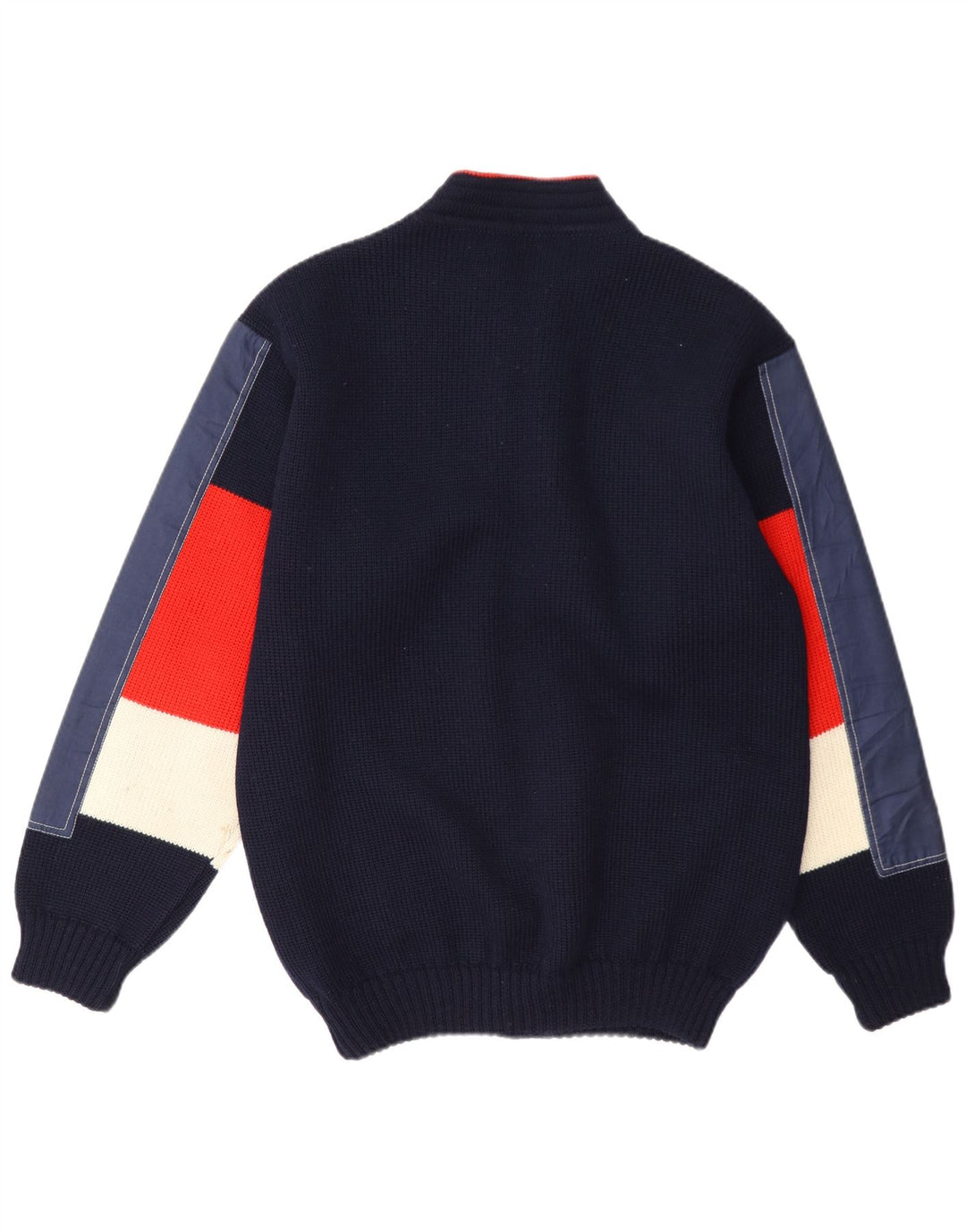 Suéter cardigã masculino vintage médio azul marinho colorblock