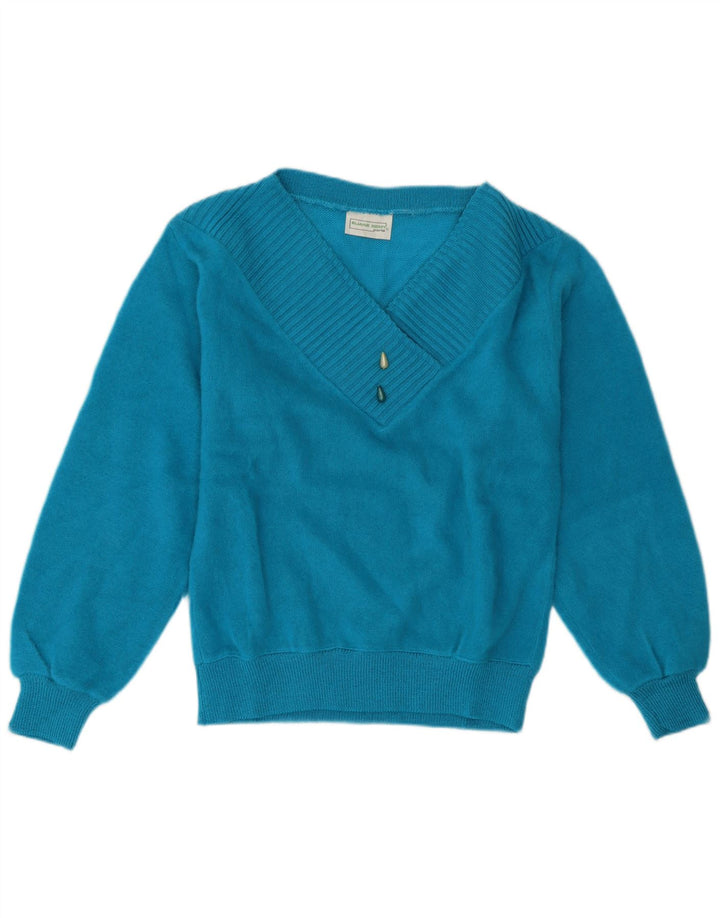 Suéter feminino vintage com decote em V Reino Unido 12 acrílico azul médio