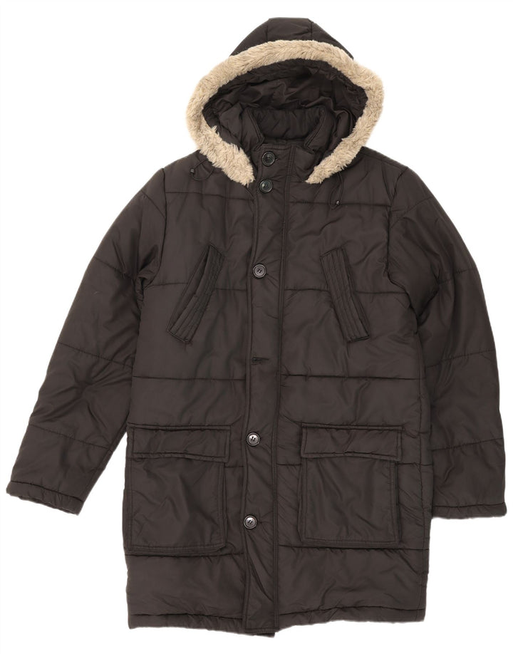 Casaco acolchoado com capuz masculino Zara UK 42 XL preto poliéster