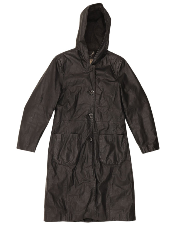 Casaco de couro com capuz feminino vintage IT 44 couro preto médio